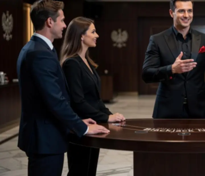 Charyzmatyczny prowadzący prowadzący program przy stole