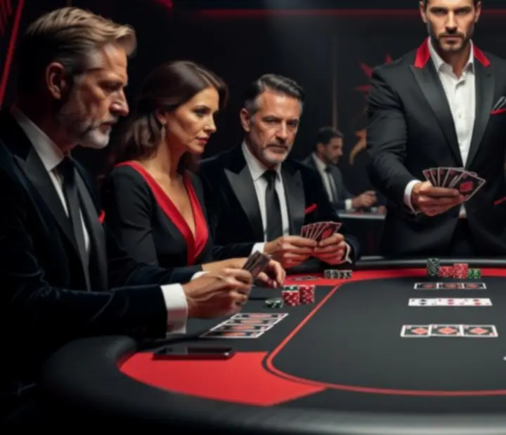 Pokerowy program eventowy z profesjonalną obsługą i stołem w ciemnej oprawie świetlnej