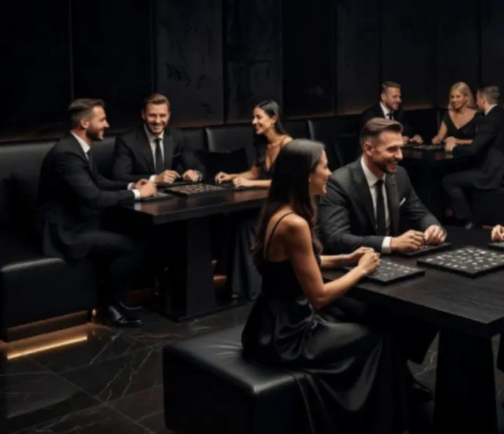 Prywatny event w eleganckiej, ciemnej aranżacji stołów