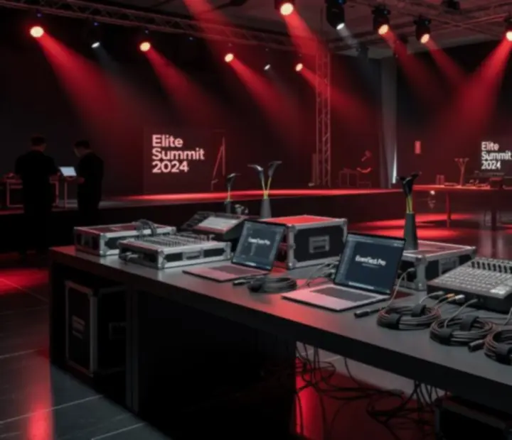 Ciemna scenografia eventowa z dedykowanym oświetleniem stołów