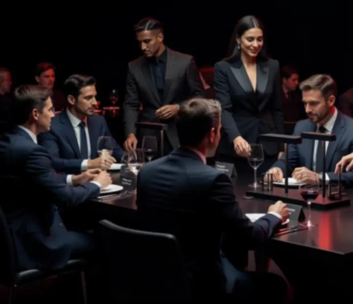 Atmosferyczne stołowe wieczory eventowe w ciemnej, eleganckiej scenografii